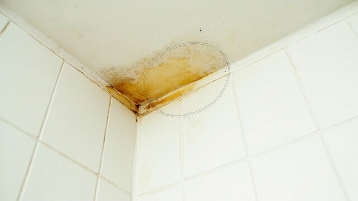 Water stain on a condo bathroom ceiling with pencil marks tracking its spread