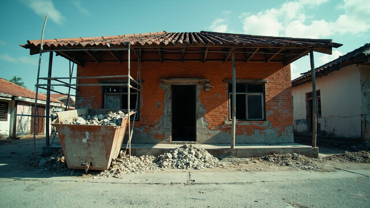 Rumah teres lama yang dikopek hingga ke dinding bata dan kekuda bumbung semasa renovasi besar