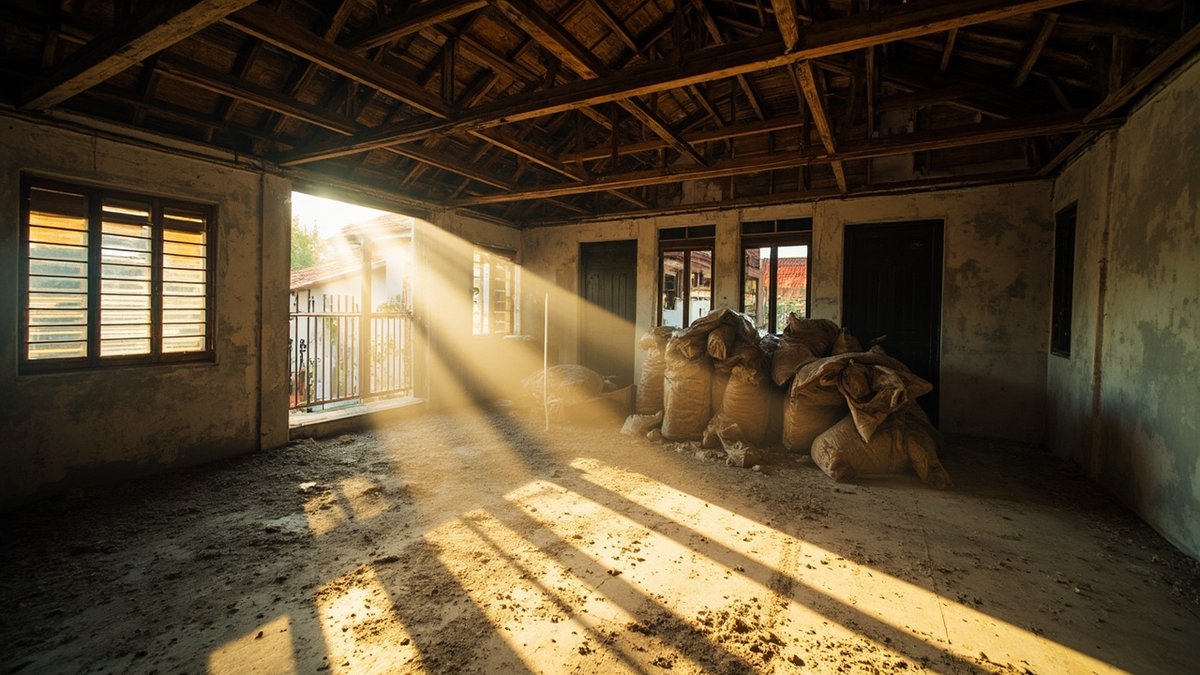 Rumah teres lama semasa strip-out, siling dibuang, jubin lantai dipecahkan dan sisa dimasukkan dalam guni