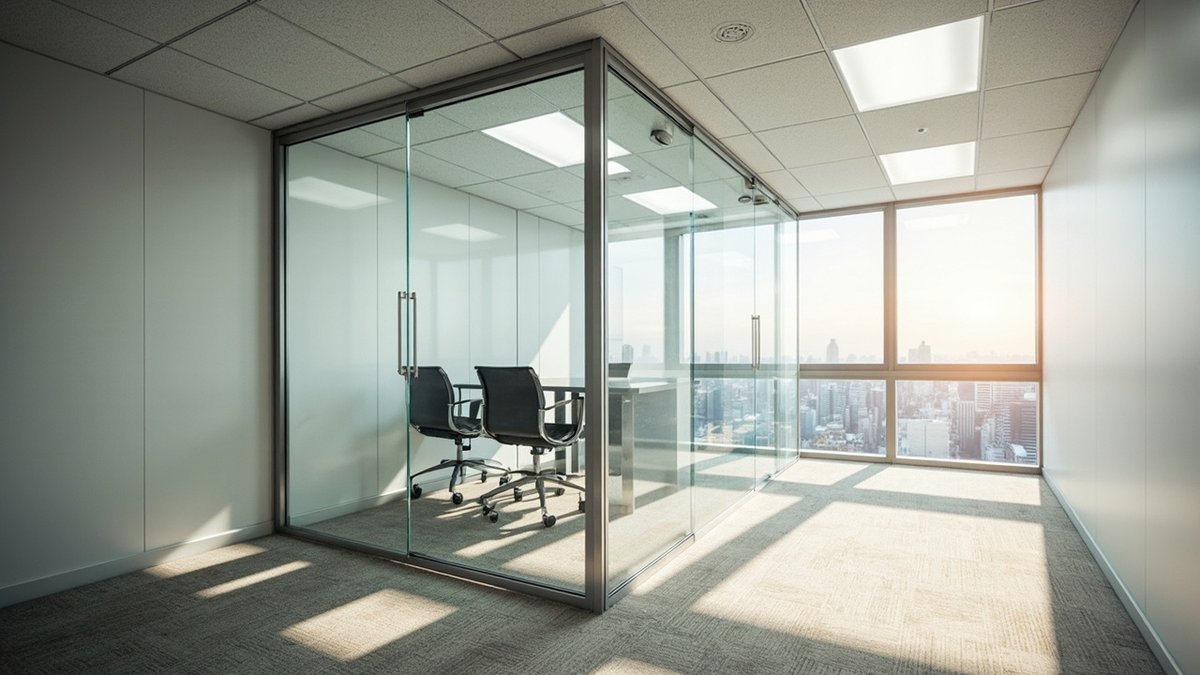 Aluminium-framed glass meeting room next to a painted drywall partition in an office