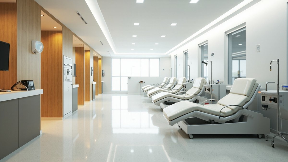 Row of reclining treatment chairs with dialysis machines, facing a nurse station on a vinyl clinical floor