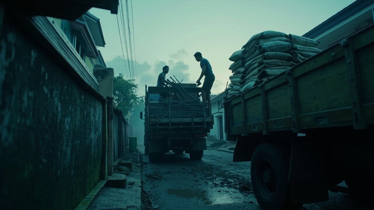 Lorry unloading cement bags and steel rebar at a terrace house before sunrise