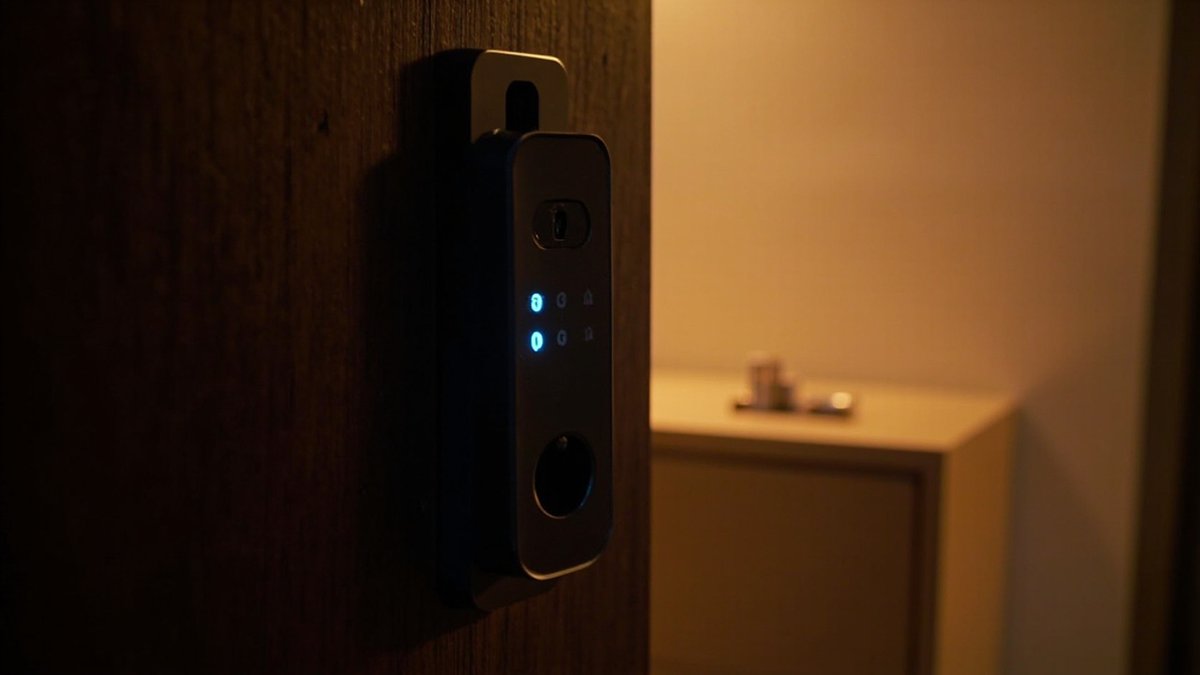 Black digital door lock with a lit keypad on a timber main door, spare AA batteries beside it