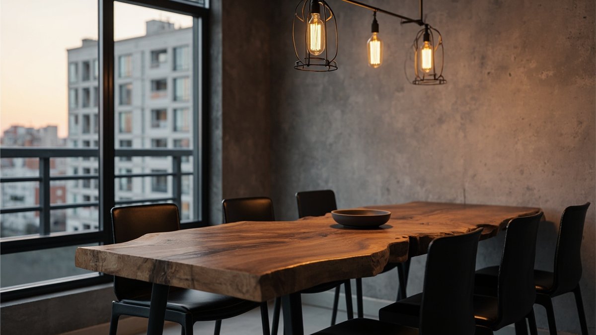 Illustrative concept design: three black iron cage pendants over a live-edge timber slab dining table with black chairs