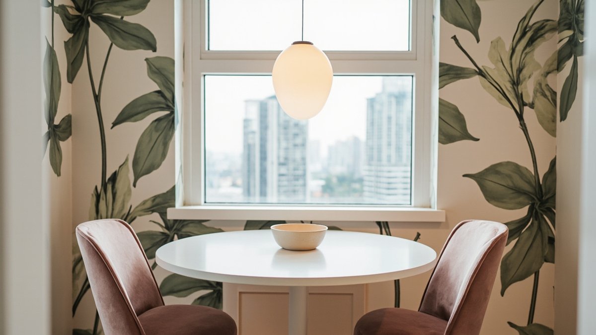 Illustrative concept design: round white dining table with two pink velvet chairs in a window nook papered with large sage leaves
