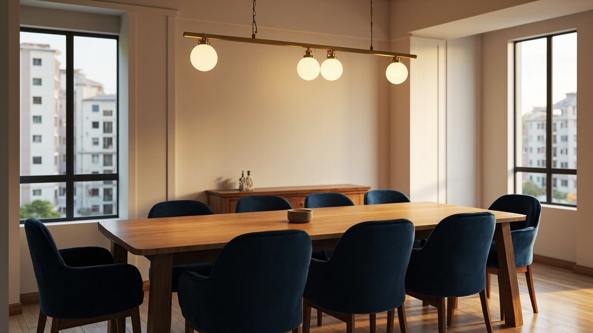 Illustrative concept design: four opal globes on a brass bar pendant over a long timber table with eight navy velvet chairs