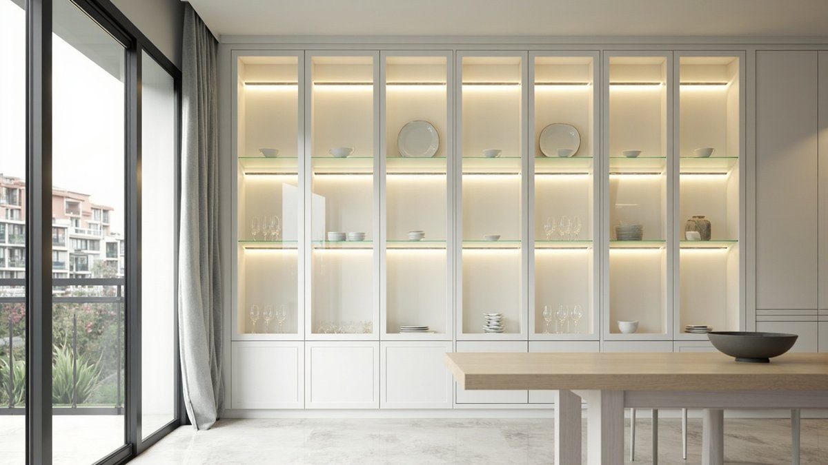 Illustrative concept design: wall of white glass-door display cabinets lit inside with plates and wine glasses beside an oak dining table