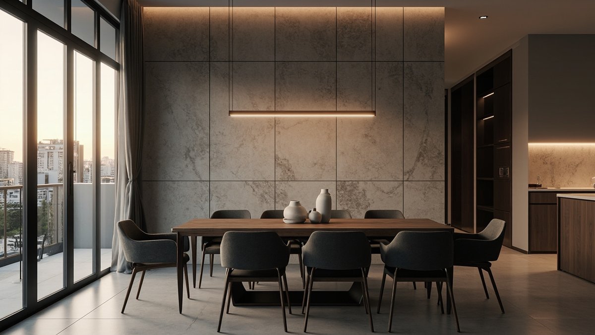 Illustrative concept design: warm grey stone-look porcelain dining wall with a walnut table and a linear pendant