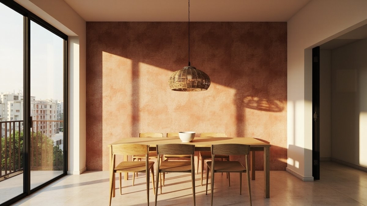 Illustrative concept design: clay limewash dining wall behind a light oak table for six with a woven rattan pendant