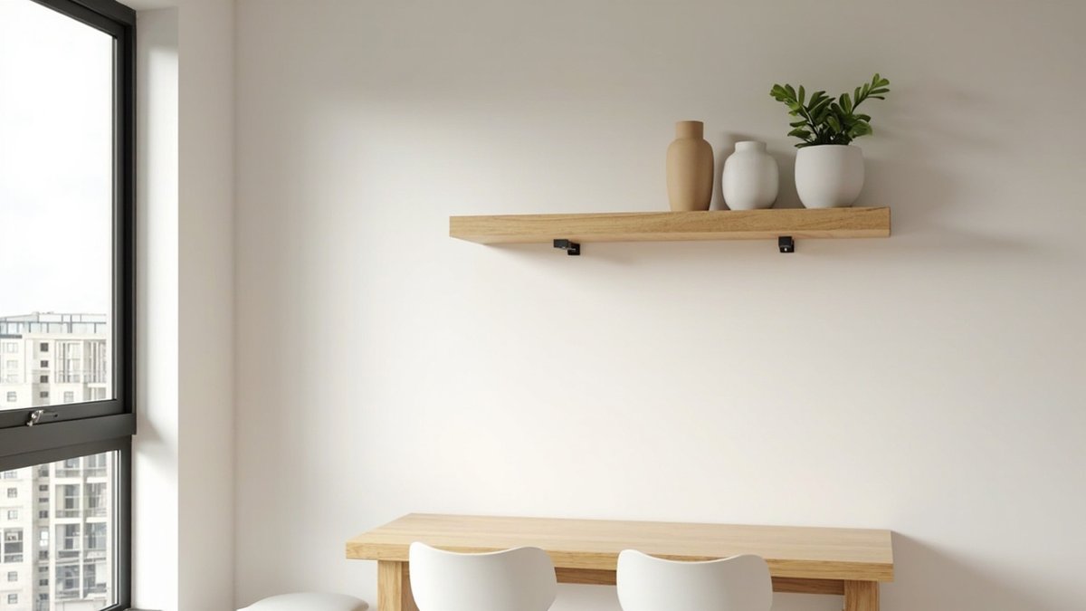 Illustrative concept design: one oak shelf with plain vases and a plant above a small oak dining table with white chairs