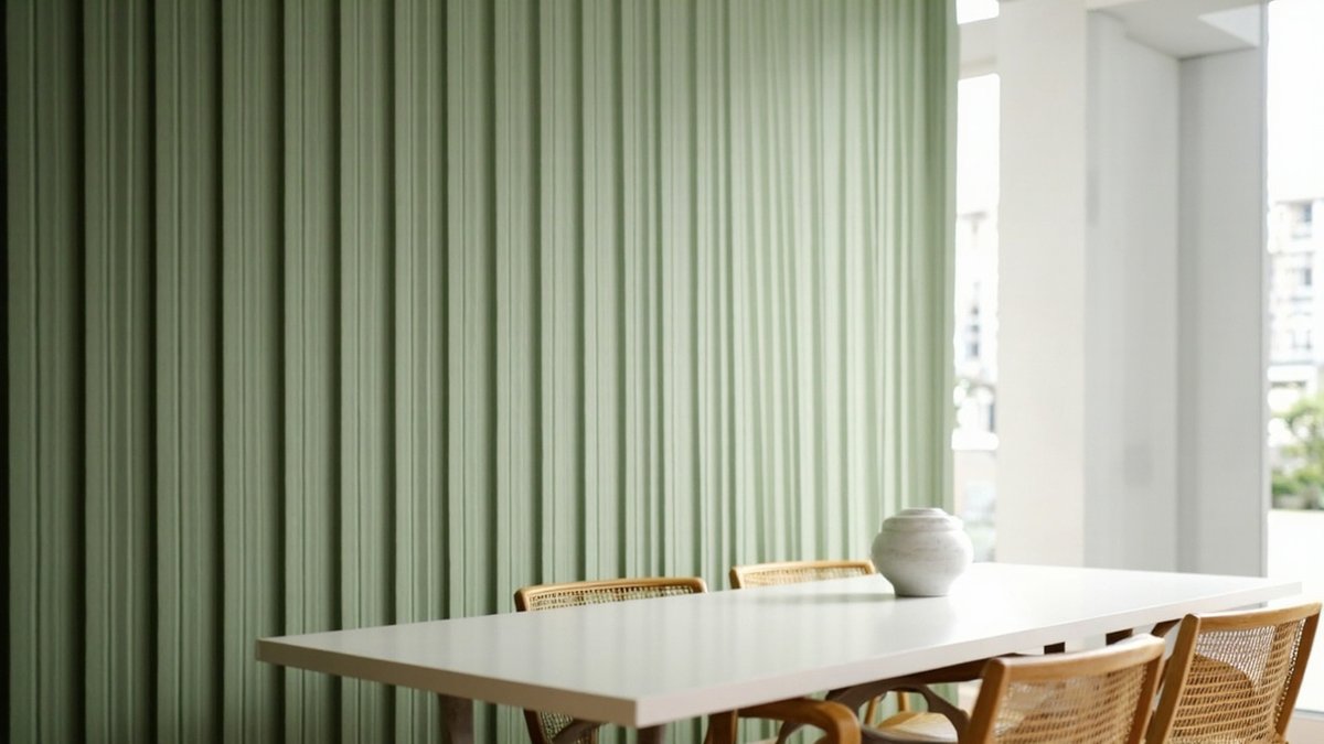 Illustrative concept design: sage green fluted panel wall behind a white dining table with cane chairs