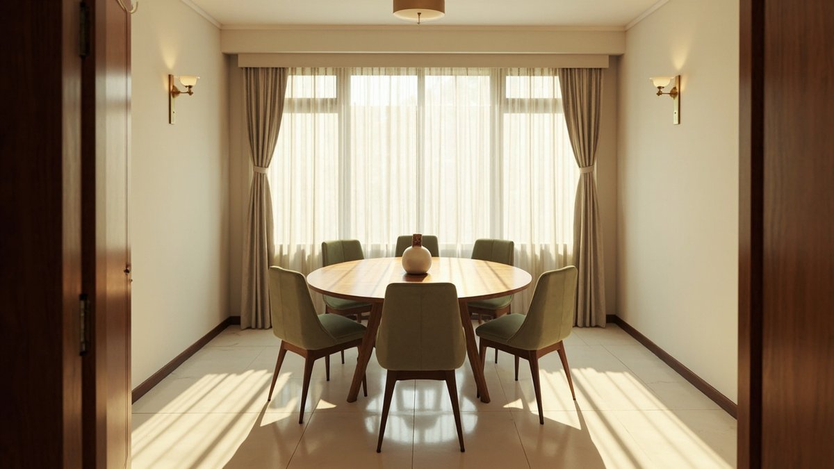 Illustrative concept design: separate formal dining room with a round timber table for six and wall lights