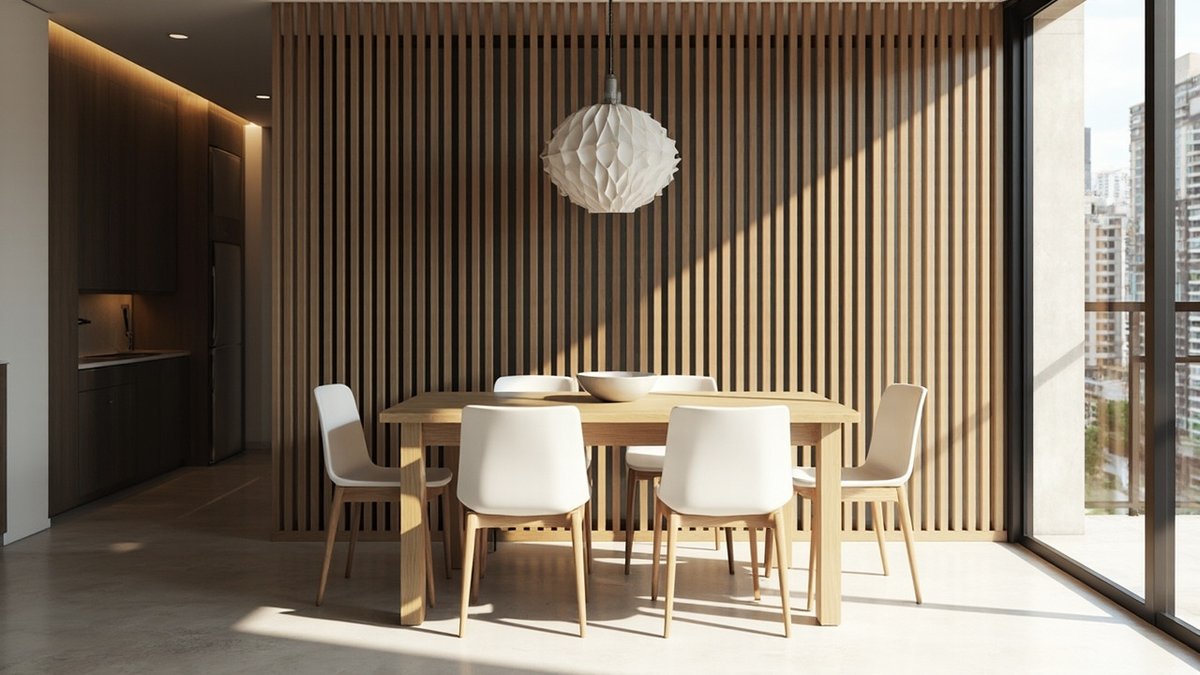 Illustrative concept design: light timber slat wall behind an oak dining table with white chairs and a paper pendant