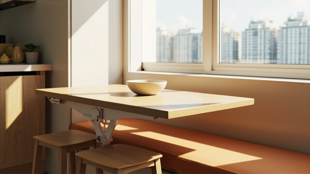 Illustrative concept design: wall-mounted fold-down dining table opened flat with two stools in a studio condo