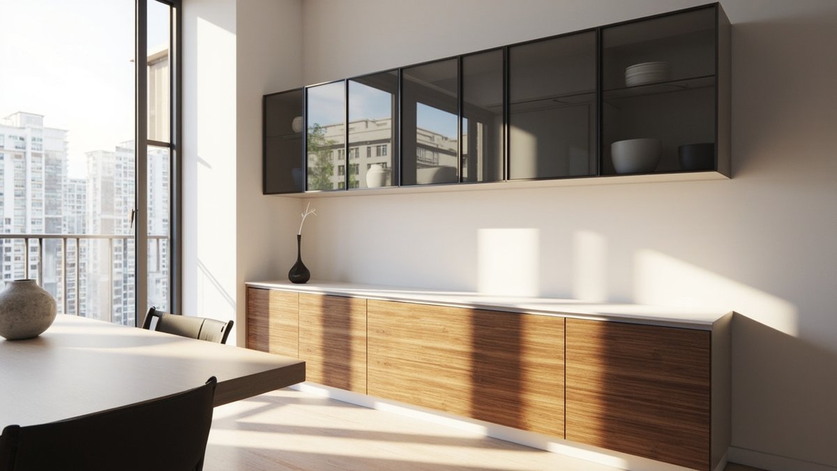 Illustrative concept design: built-in walnut sideboard with a smoked glass display cabinet above in a dining room