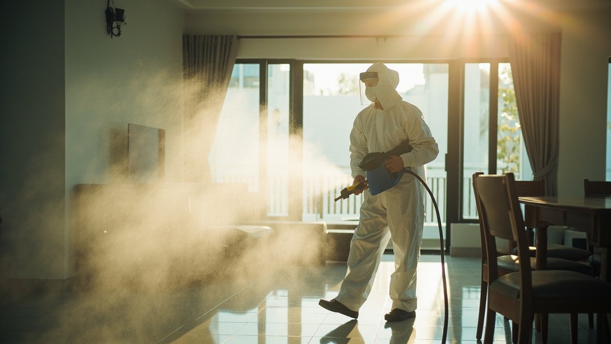 Technician fogging disinfectant mist to sanitise a Malaysian home