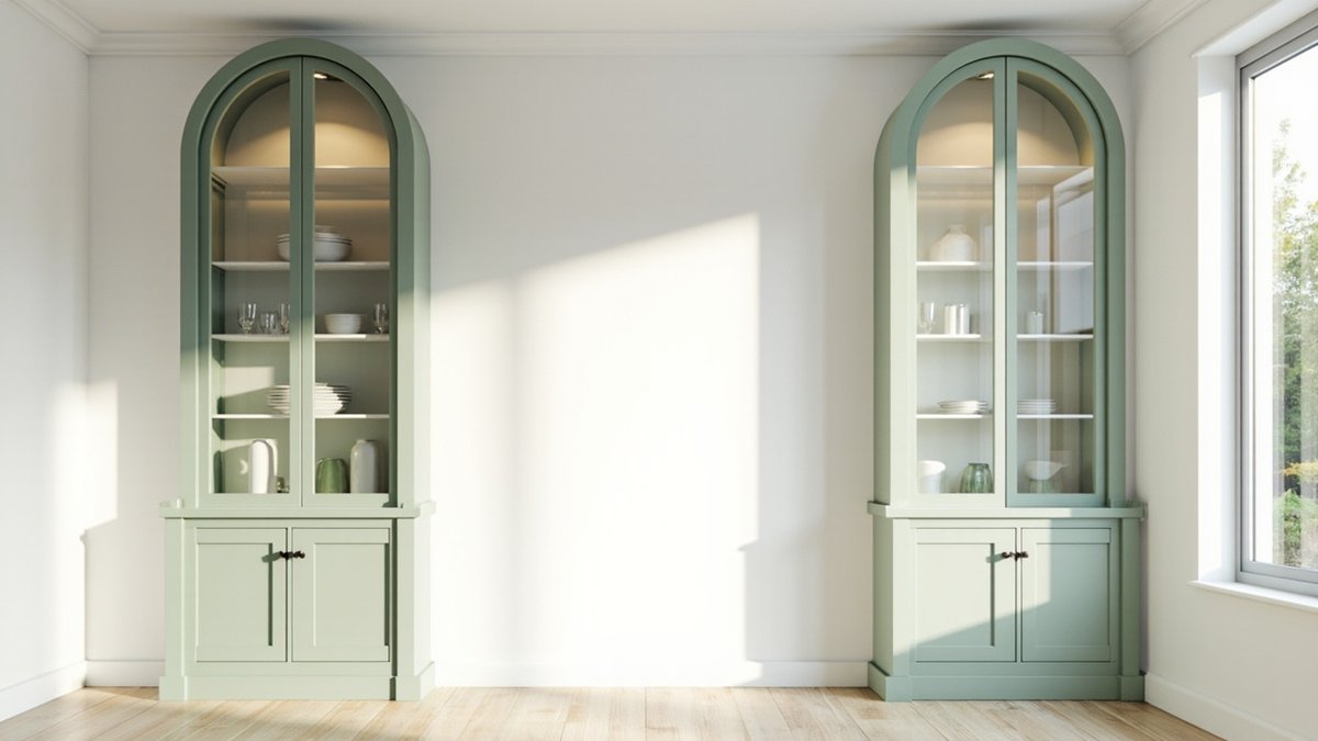 Illustrative concept design: pair of sage-green arched display cabinets with arched glass doors and white bowls, plates and glasses