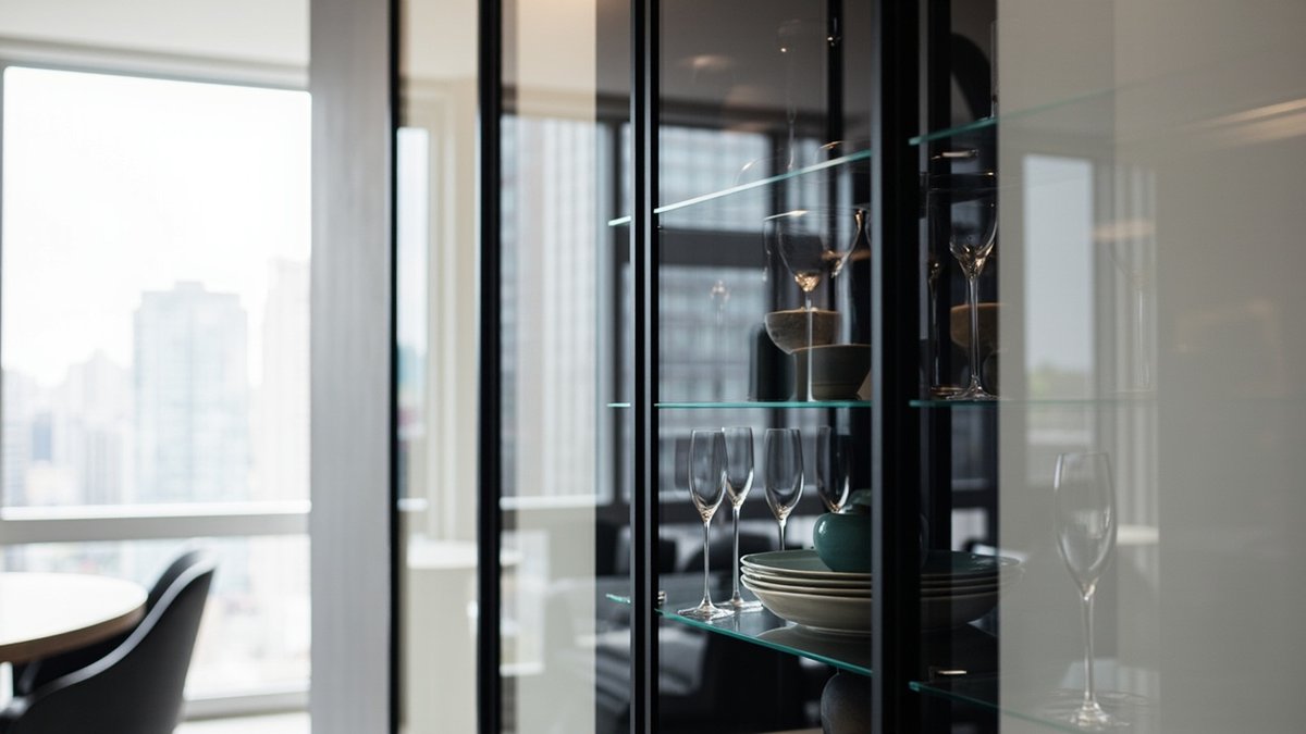 Illustrative concept design: close view of slim black-framed glass doors and shelves holding stemmed glasses and stacked plates