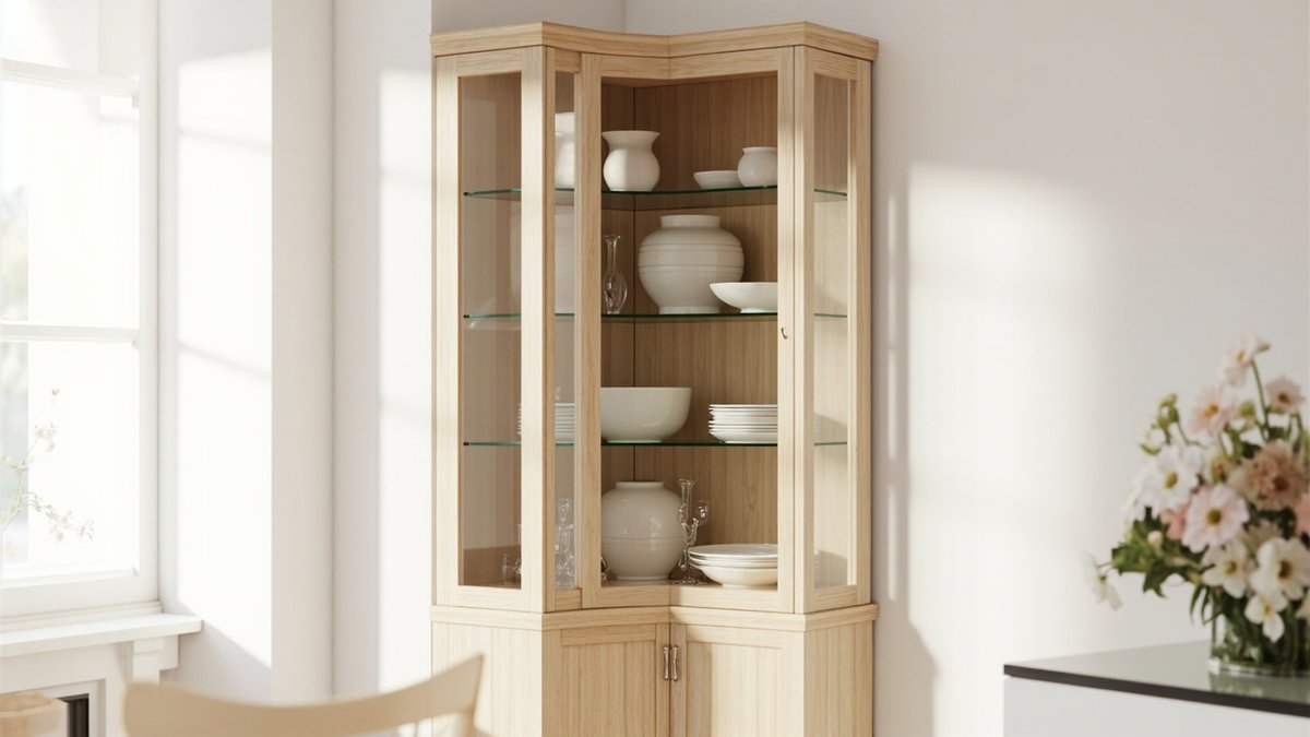 Illustrative concept design: pale timber corner display cabinet with framed glass doors, white vases, bowls and plates