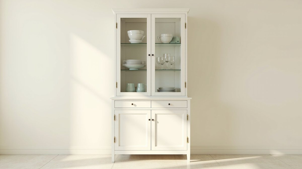 Illustrative concept design: white painted crockery dresser with framed glass doors, white bowls and plates, two drawers and panelled doors
