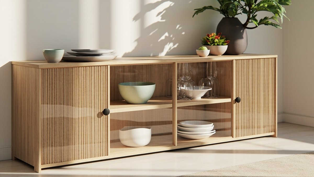 Illustrative concept design: long low oak sideboard with reeded fluted end doors and an open bay of bowls, plates and glasses