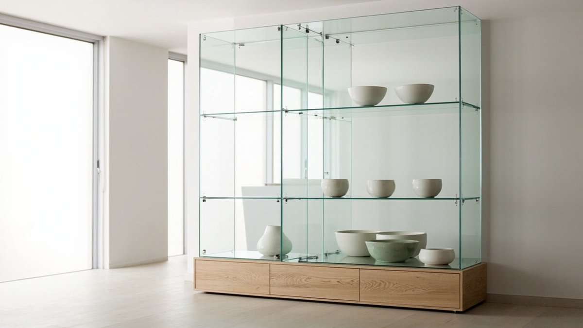 Illustrative concept design: full-glass display case on a low oak drawer base holding white and celadon bowls against a white wall
