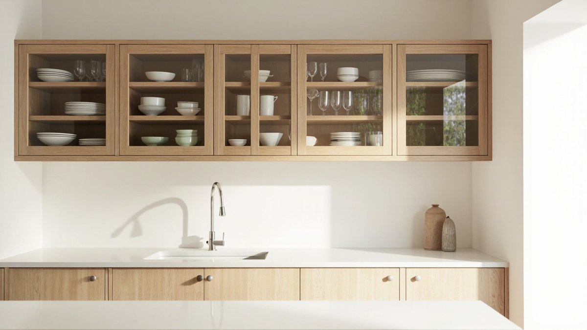 Illustrative concept design: oak-framed glass kitchen wall cabinets with white bowls and plates above oak base doors and a white worktop