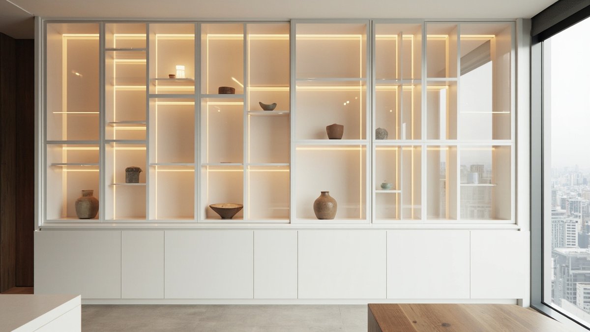 Illustrative concept design: white glass-fronted display wall in an irregular lit grid with clay pots above white flush cupboards
