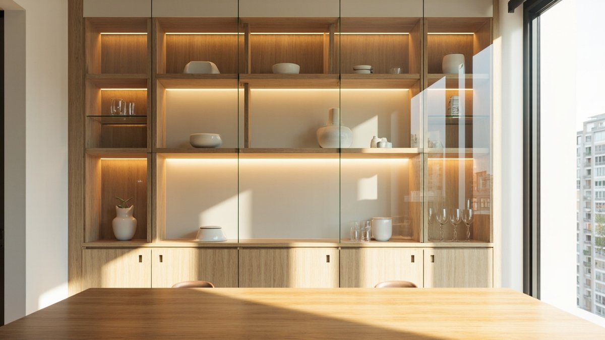 Illustrative concept design: oak display wall in a condo dining area with frameless glass doors, lit shelves of white ceramics and oak cupboards below