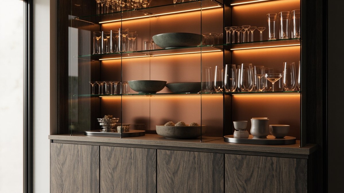 Illustrative concept design: glassware display with frameless glass doors, lit glass shelves and a copper-bronze back over dark oak cupboards