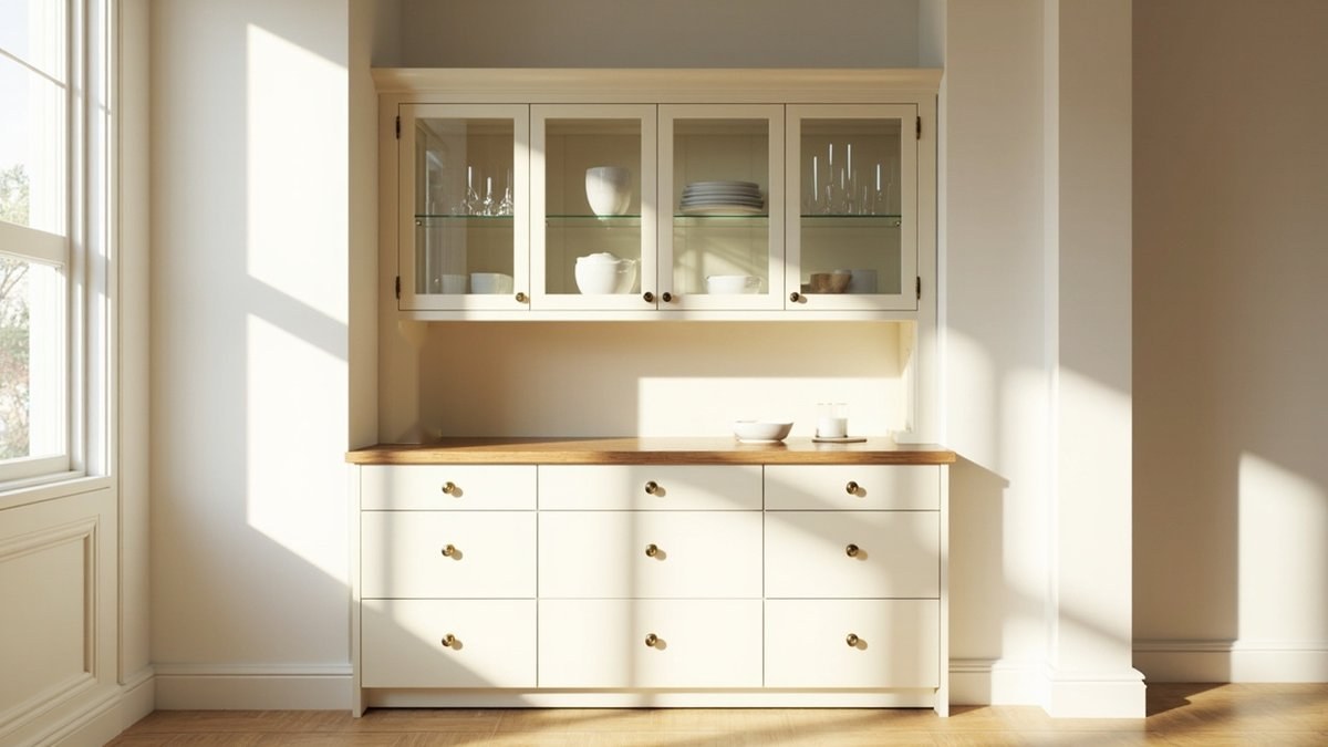 Illustrative concept design: cream hutch dresser with four glass doors over a nine-drawer base with brass knobs and a timber top