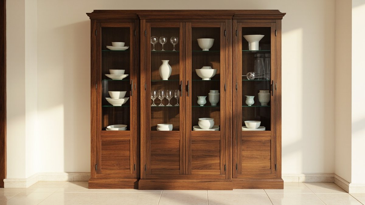 Illustrative concept design: four-door walnut display cabinet with glass upper panels showing white bowls, vases and wine glasses