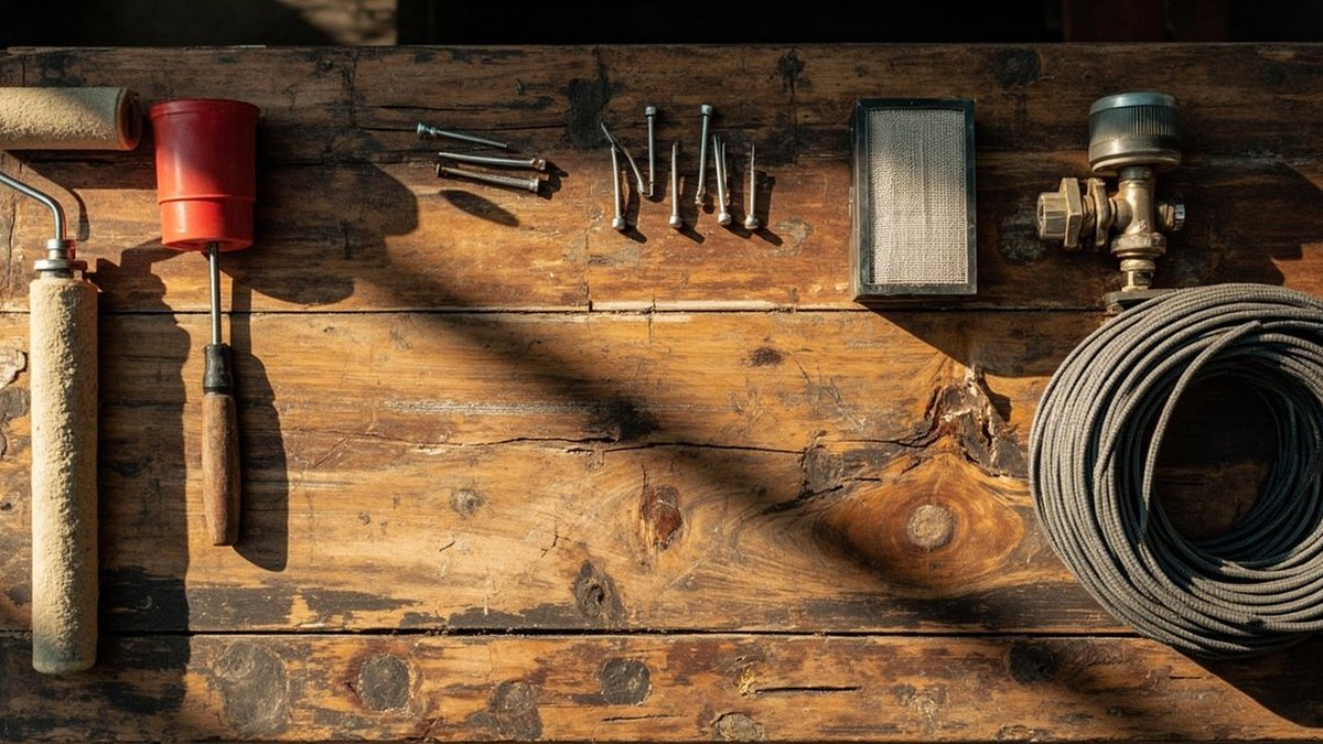 Workbench flat-lay of DIY tools on one side and electrical cable and a gas regulator on the other