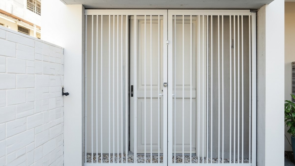 概念设计示意图：白色双扇细直条铁门，封住内凹工作门洞，后方是浅色镶板门