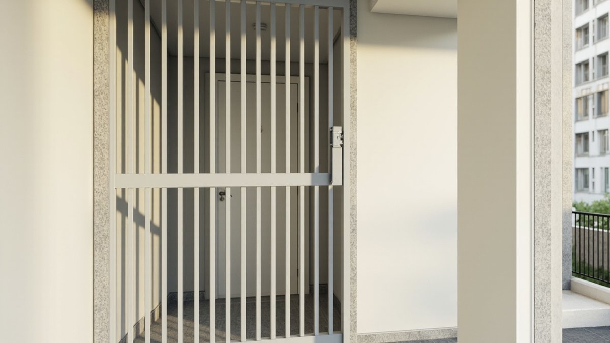 概念设计示意图：浅灰色直条加中横档铁门，封住公寓白色单位门前的内凹空间