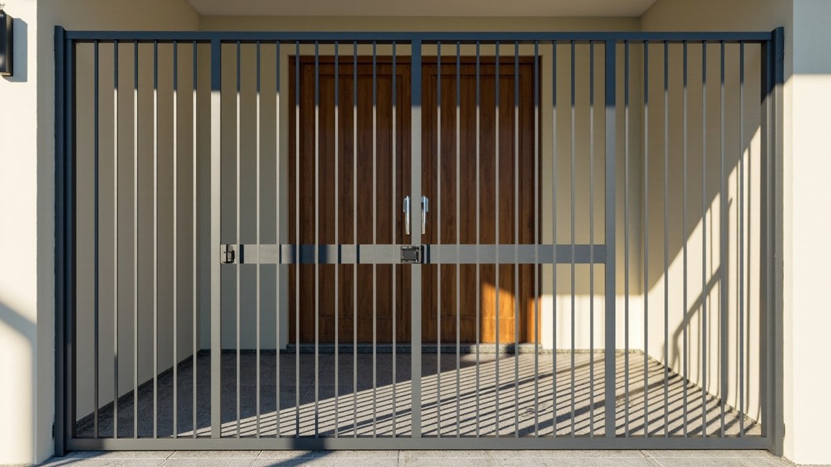 概念设计示意图：灰色细直条铁门，中横档装锁，封住排屋门廊正面，后方是木门