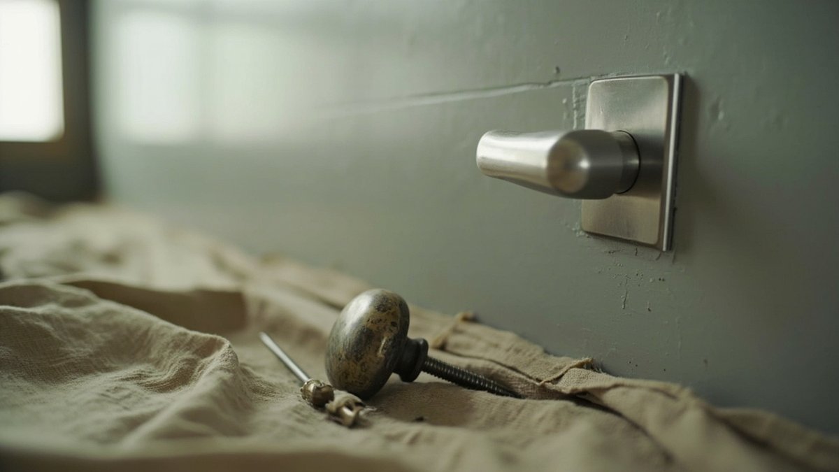 Handle lever keluli tahan karat pada pintu kelabu dengan tombol tembaga lama di bawah