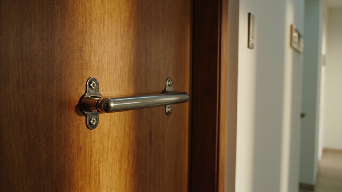 Timber main door with stainless ball-bearing hinges, an overhead door closer and a wall stopper