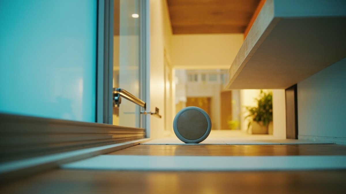 Wheelchair wheel crossing a flush threshold through a wide sliding door with a lever handle