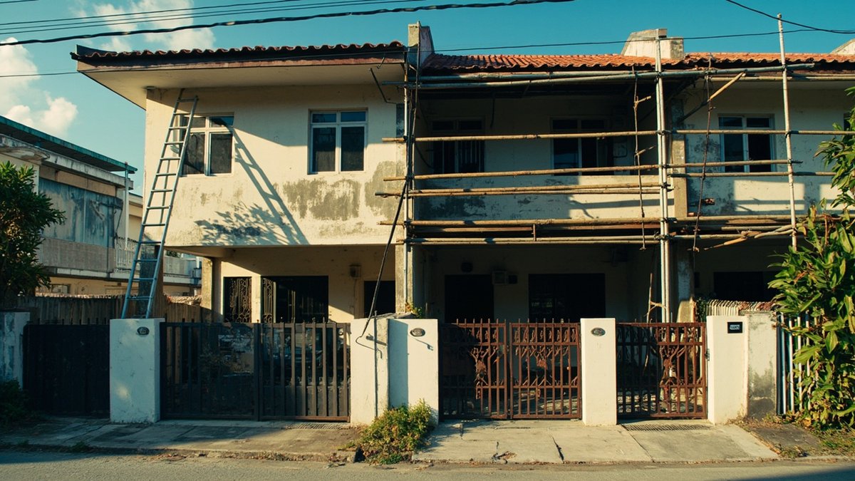 A single-storey and a double-storey terrace house side by side, the taller one under scaffolding