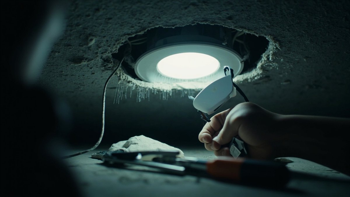 Hand fitting an LED downlight housing into a freshly cut ceiling hole