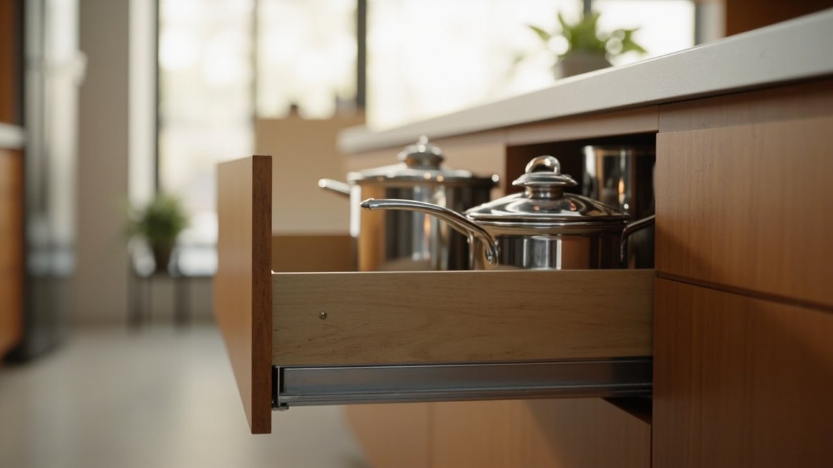 Kitchen pot drawer at full extension on a concealed undermount runner