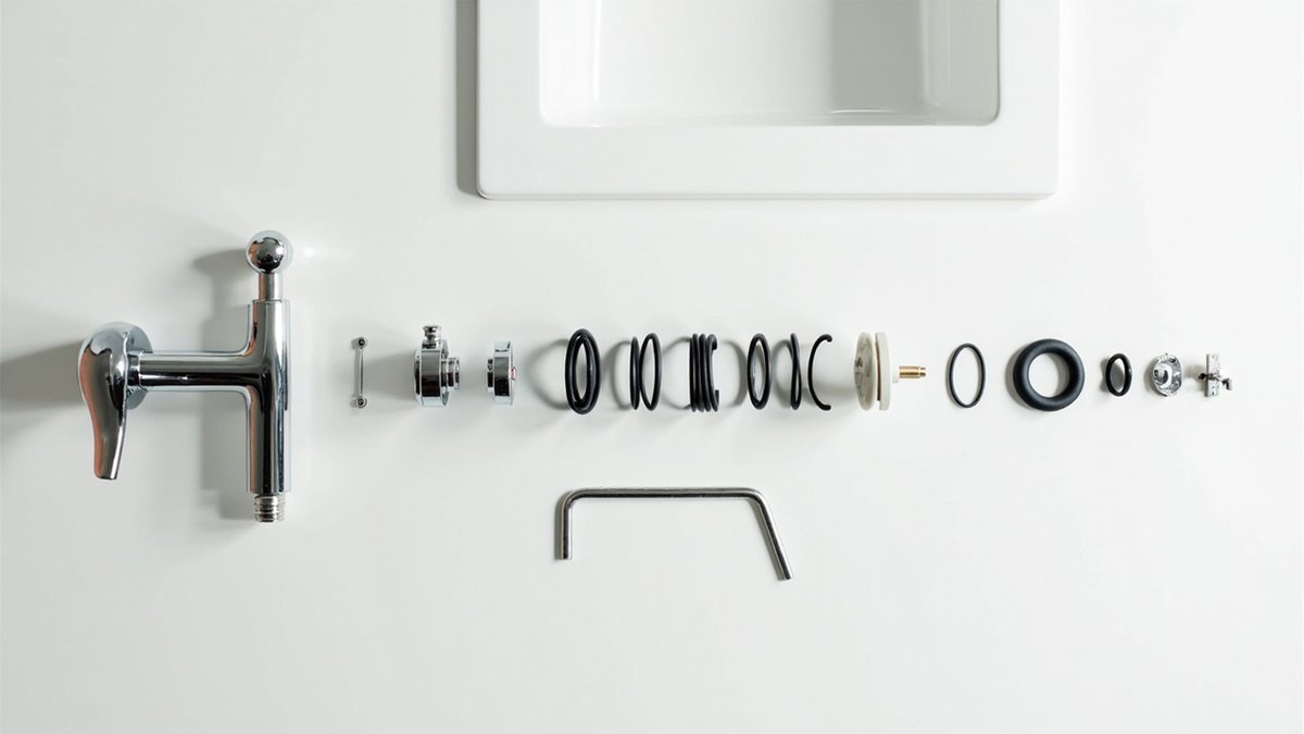 Disassembled chrome basin mixer with its ceramic disc cartridge, O-rings and a spanner laid out on a counter