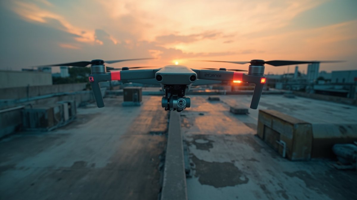 Survey drone with a thermal camera above a large flat roof