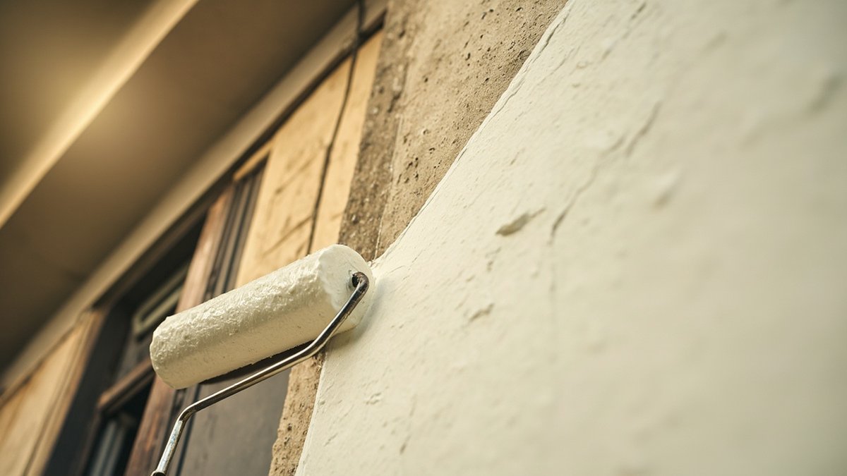 Salutan elastomerik putih disapu pada dinding luar rumah dengan roller