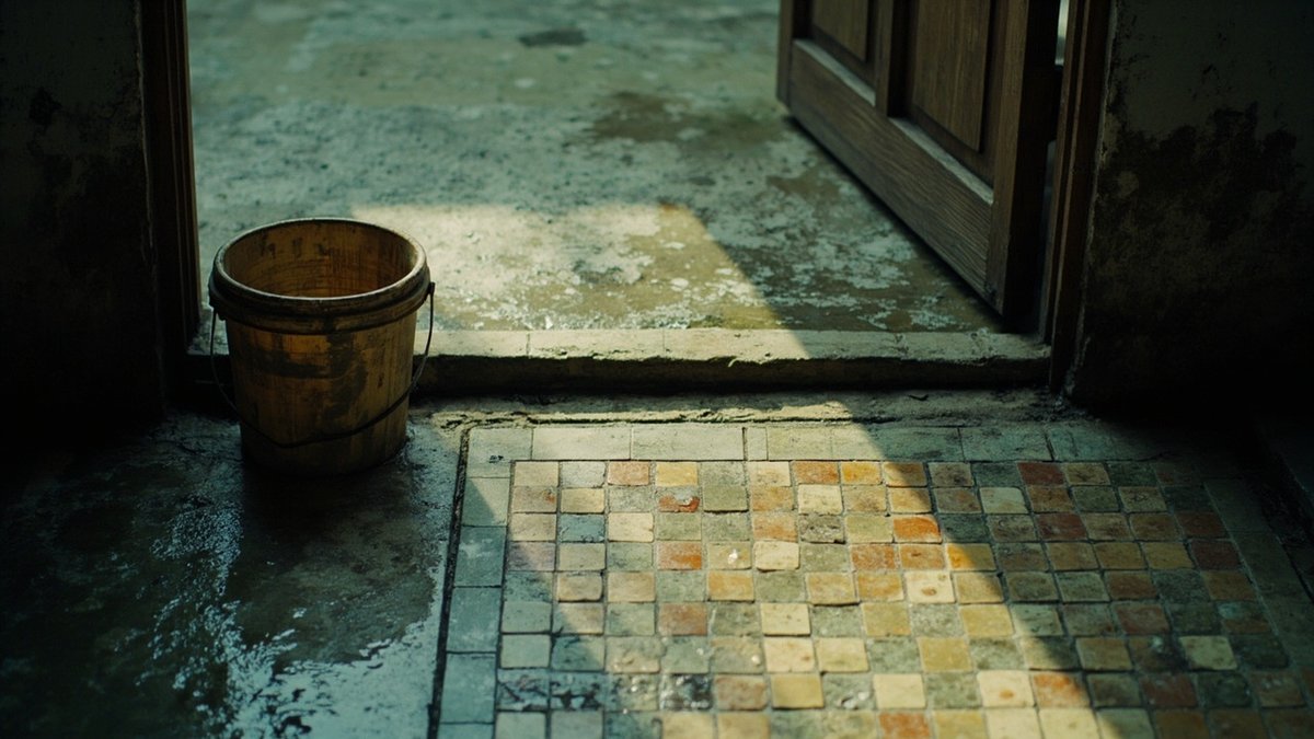 Damp wash-area corner by a floor trap and a gap under the back door of a terrace house