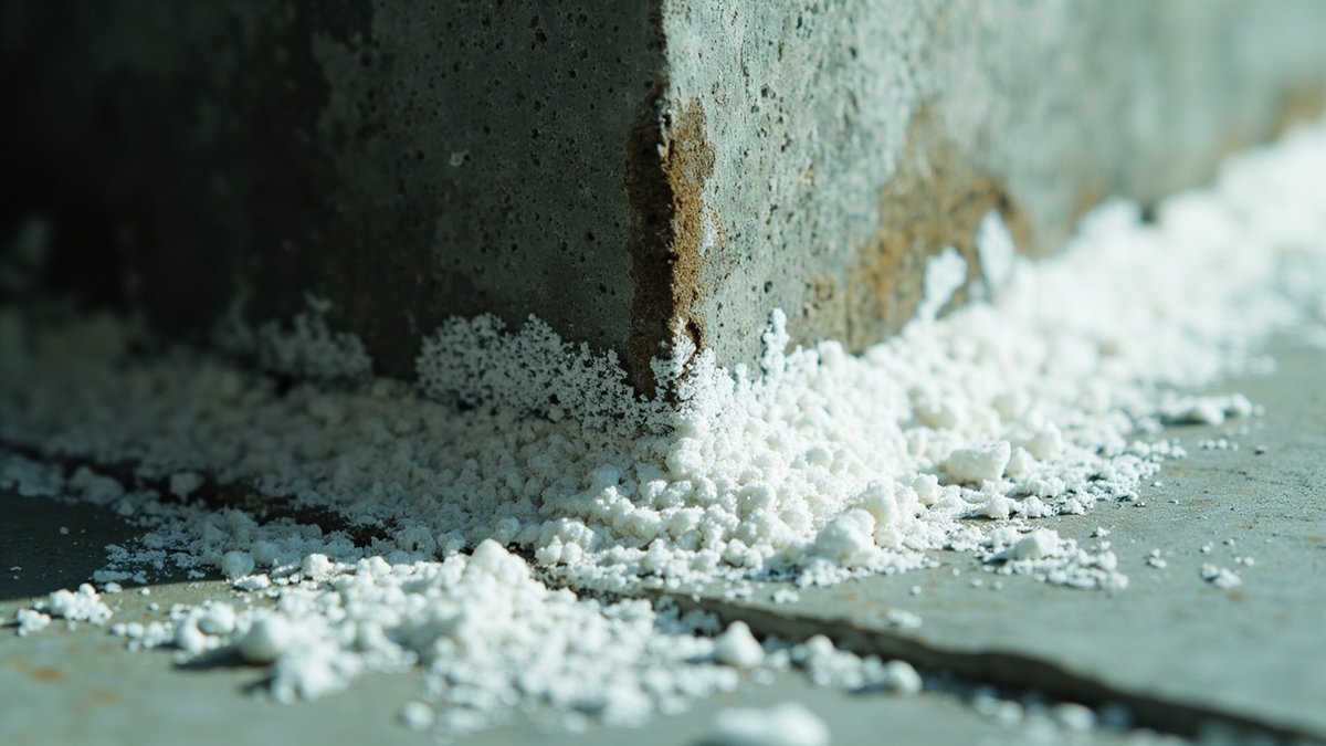 Serbuk putih efflorescence pada dinding konkrit kondominium baharu