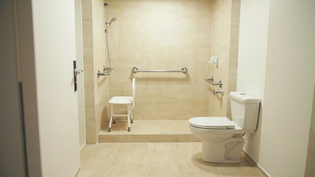 Renovated Malaysian elderly care home bathroom with grab bars, level walk-in shower and anti-slip floor tiles