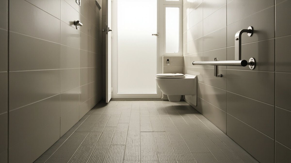 Ground-floor bathroom adapted for an elderly parent with grab bars, level shower and anti-slip tiles