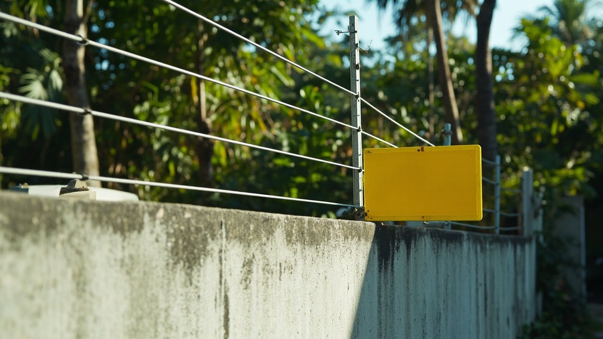 Wayar pagar elektrik pada braket di sepanjang atas tembok sempadan banglo dengan papan amaran